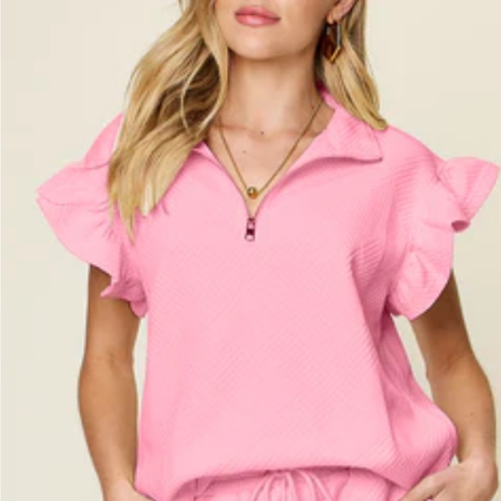 Double Take Elegant Pink Ruffled Women's Sweatshirt top - Picture 2 of 13